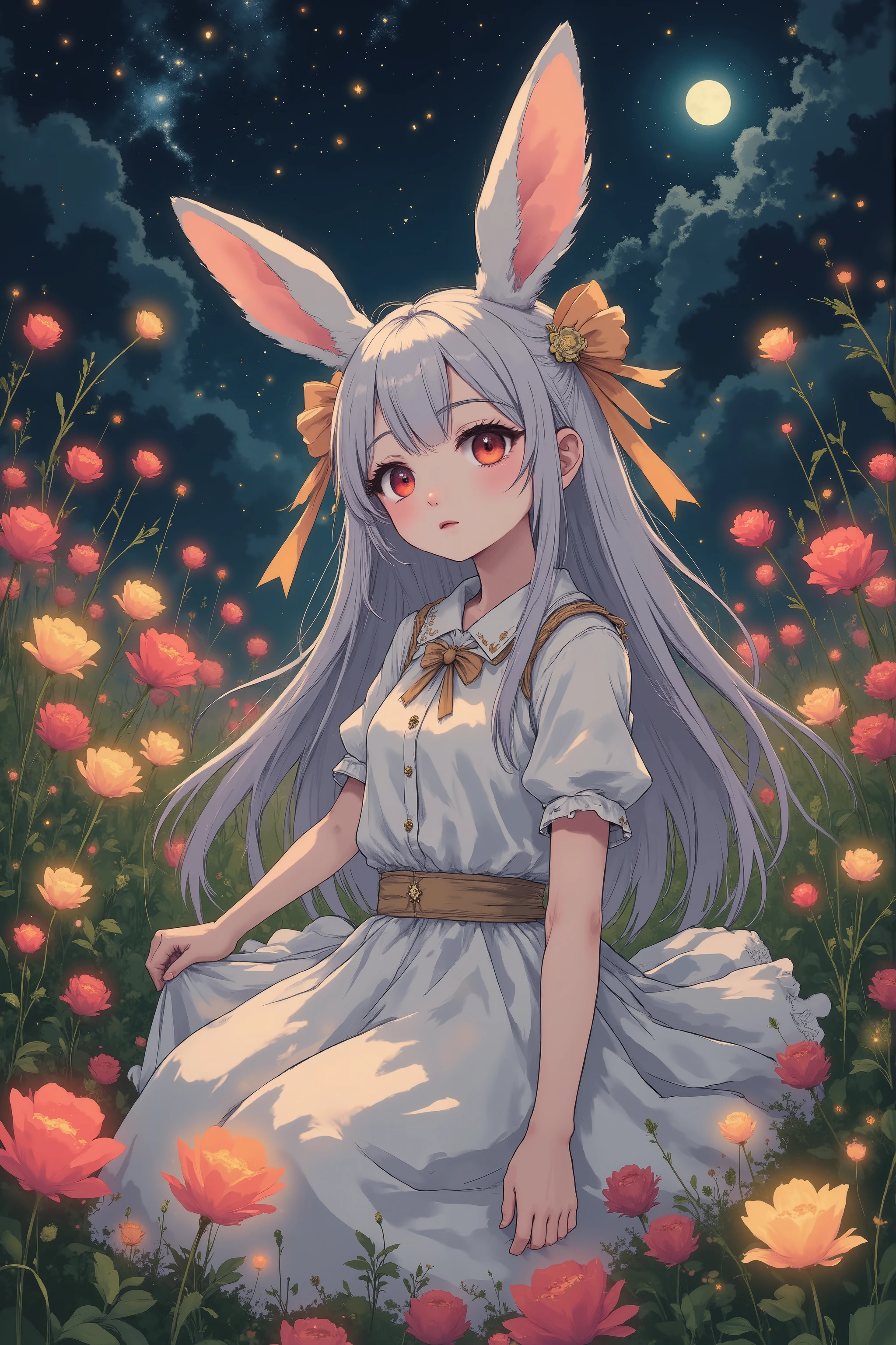 ( masterpiece, top quality:1.2), little cute rabbit girl , girl\((big slime),happy expression,(Big ribbons on the ears, cute ribbon、gold ribbon\),Rabbit tail , rabbit ears, very fluffy ears 、White Ear、 very long hair,Gray Hair,Warm deep red eyes , sparkling eyes, I closed my mouth, White Gothic Dress with Gold Accents\), She is in a colorful\(pink,blue,green) tulip field,Milky Way,quiet and gentle scene,night,a movie scene,Beautiful Sights,Minimalism,gentle handwritten illustration