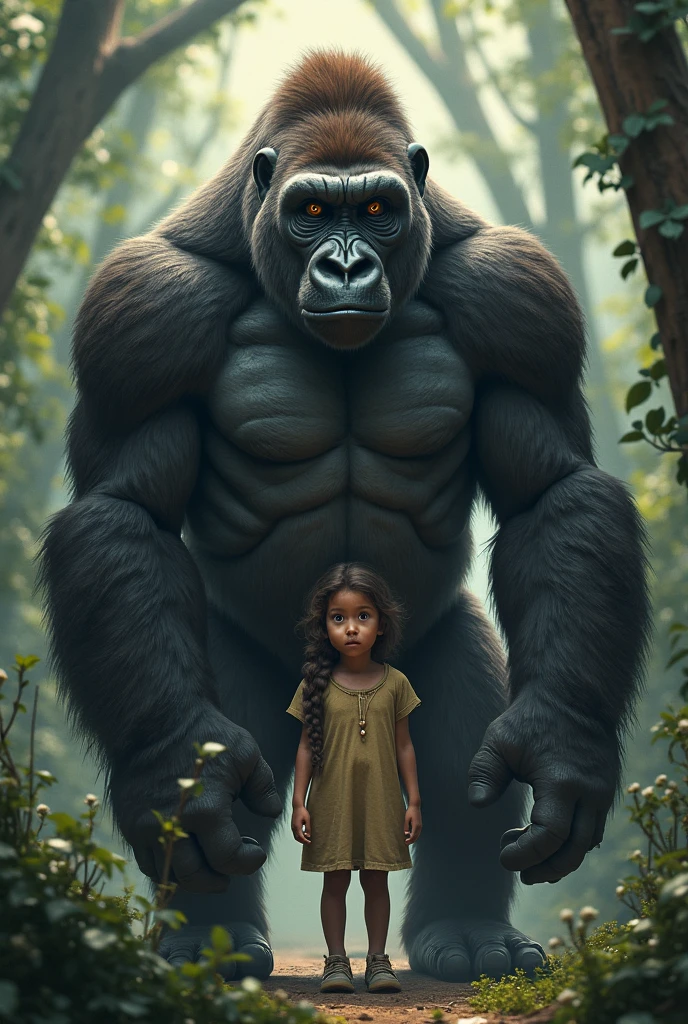 a big angry monkey stand with a girl in junge at sunset
