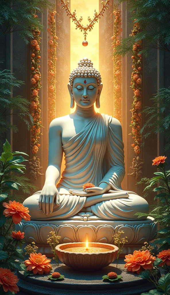 A serene, serene, and meditative scene depicting a historical figure seated underneath a Bodhi tree. This figure is instantly recognizable as an advocate for knowledge, mindfulness, and peace. They are depicted in a simple robe, their eyes closed in deep meditation, a light aura surrounding them, suggesting a state of enlightenment. The tree overhead is lush and full, symbolizing fortitude and resilience. Around them, various symbols of Buddhism such as the Dharma wheel and lotus flowers. Please ensure the finish is in the style of Gandhara Art, endemic to Northern India and Pakistan around 1st Century BC to 7th Century AD.