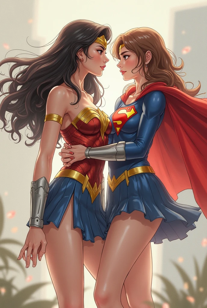 2 women kissing, cosplay, party, dressed as Wonder Woman and Supergirl, sensual, provocative, very erotic, yuri."