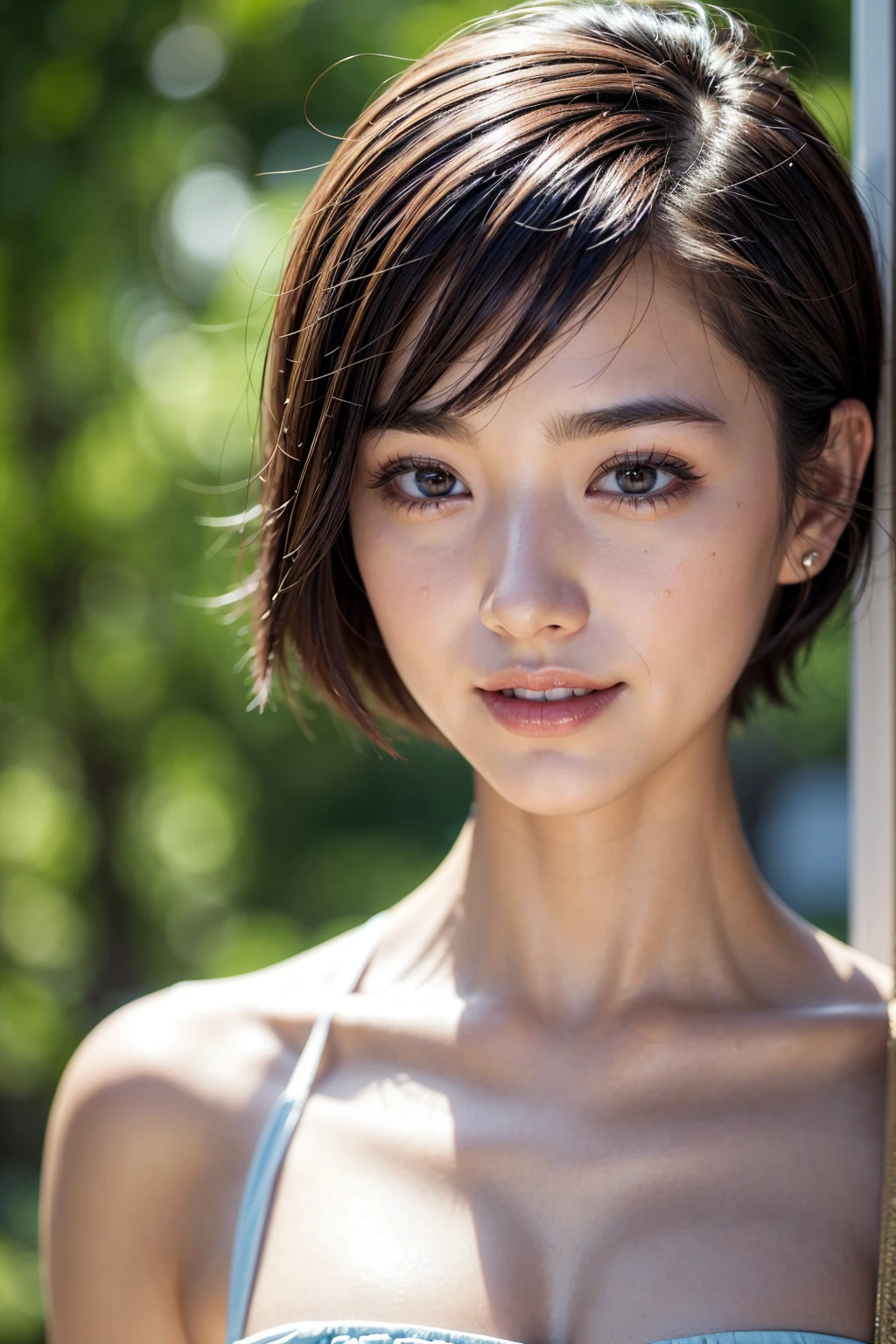 (8K, RAW photography, Best quality, Masterpiece: 1.45), (Realistic, Photorealistic: 1.37), One Girl, Cute, Seductive smile: 1.2, happy, (from side, cowboy shot: 1.3), Embarrassing Pose: 1.2, Beach, Daytime, Professional lighting, Photon mapping, Radiosity, Physically Based Rendering, Masterpiece, Rich Details, (Fine Face),, (Fine Eyes), (Clear Face), (Detailed Face Description), (Detailed Hand Description), (Masterpiece), Realistic, Extreme Light and Shadow, Gradient Black Hair, White Hair, Short Curly Hair, Handsome, Girl, Double, Small Breasts, Disheveled Hair, Fine Clavicle,(Deep V-Neckline Slip Dress, sideboob, cleavage:1.2), public indecency、(Increased Skin Texture Beauty:1.1),Immediately after getting out of the pool,