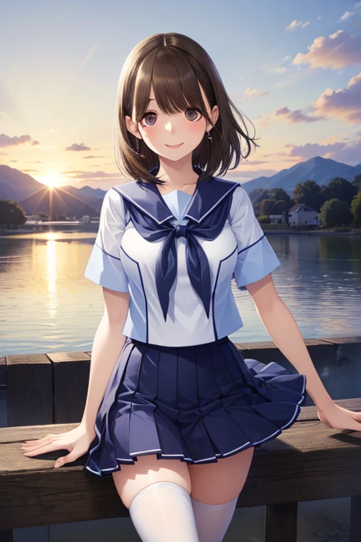 anegasaki nene、Shiny brown hair, short hair, (Beautiful brown eyes、Sparkling eyes, Fine grain)、smile、Ultra-detailed eyes、Highly detailed face, Highly detailed eyes,
Short-sleeved white sailor suit、Navy blue mini pleated skirt、Very short mini skirt、Bare thighs、
High-resolution images,masterpiece,Highest quality,girl,Cute Face,Transparent muscle,Shiny Hair,Highly detailed eyes,young、20-year-old、camp、Astronomical Observation、Starry Sky、Late Night、Looking 上 at the sky、Smile、Hiking boots、Outdoor、屋外camp