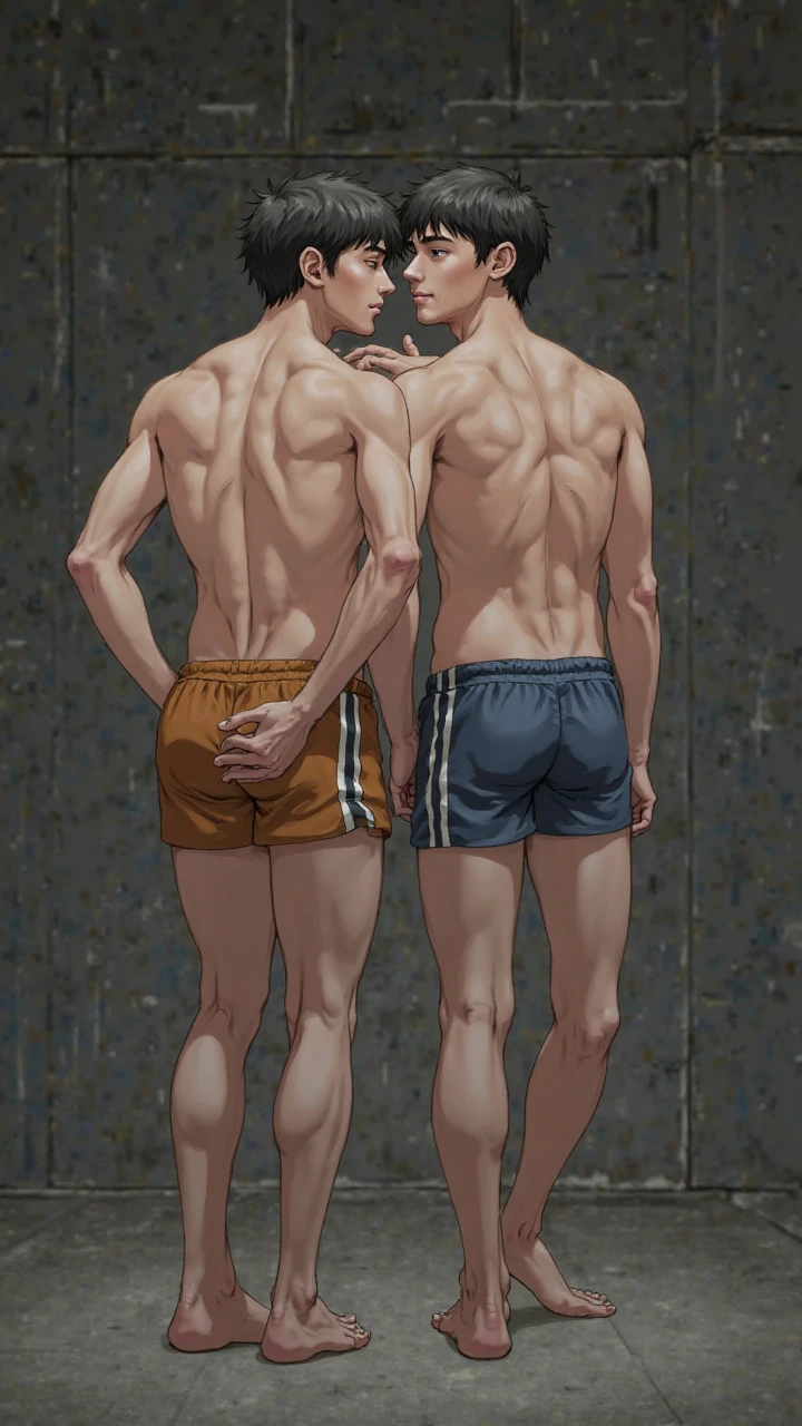 blond man with short wavy hair., slanted red eyes, White skin, sexy and innocent look, naked, erect penis, muscled body , walking down the street at night holding hands with a man with black hair and a straight up hairstyle, naked erect penis, muscled body, walking on the street with full moon Perspective photography, full hd