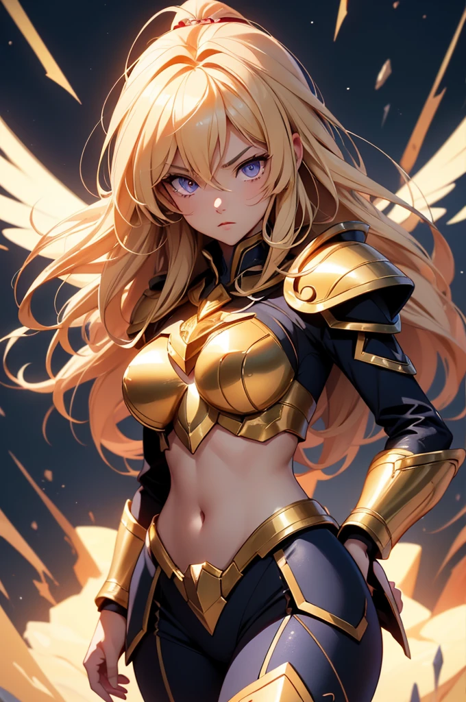 fantasy, 1angel_girl,, ,brown_hair, medium_bob_hair, long_bangs, halo,bare_shoulder,thighhighs,silver_armor, waist_armor, large_breasts,angry,grinning,open_mouth_teeth, 1pair_wings, dynamic_pose_fighting,floating, bare_crotch, headgear,gauntlet, greaves,city_sky_background,slightly_spread_legs, solo, groin_naked,dark_skin,