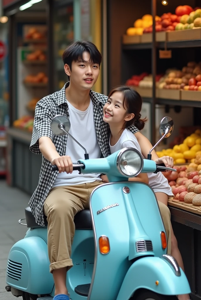 korean couple is holding a helmet happy expression, 20 years old, white shirt, orenge jackets open, happy , narutal light, high color, hight contrast, medium view