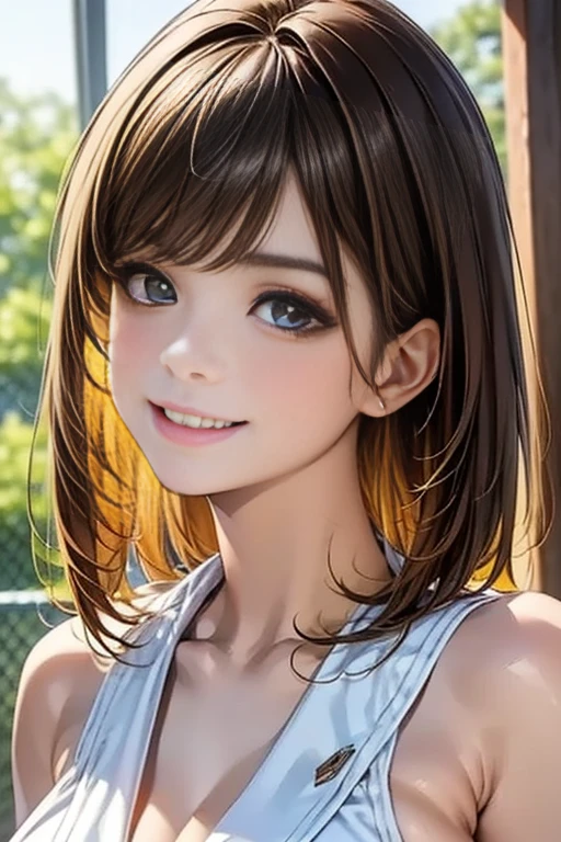 1 girl, alone, looking at viewer, smile, brown hair, shirt, brown eyes, jewelry, white shirt, saggy breasts, earrings, sleeveless, medium hair, lips, tilted head, tank top, realistic,,Masterpiece