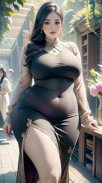 1girl, huge breast, black hair, green eyes,high quality, ultra detailed, masterpiece, realistic, gamis clothes,braid,standing, slightly fat arms , slightly fat belly 