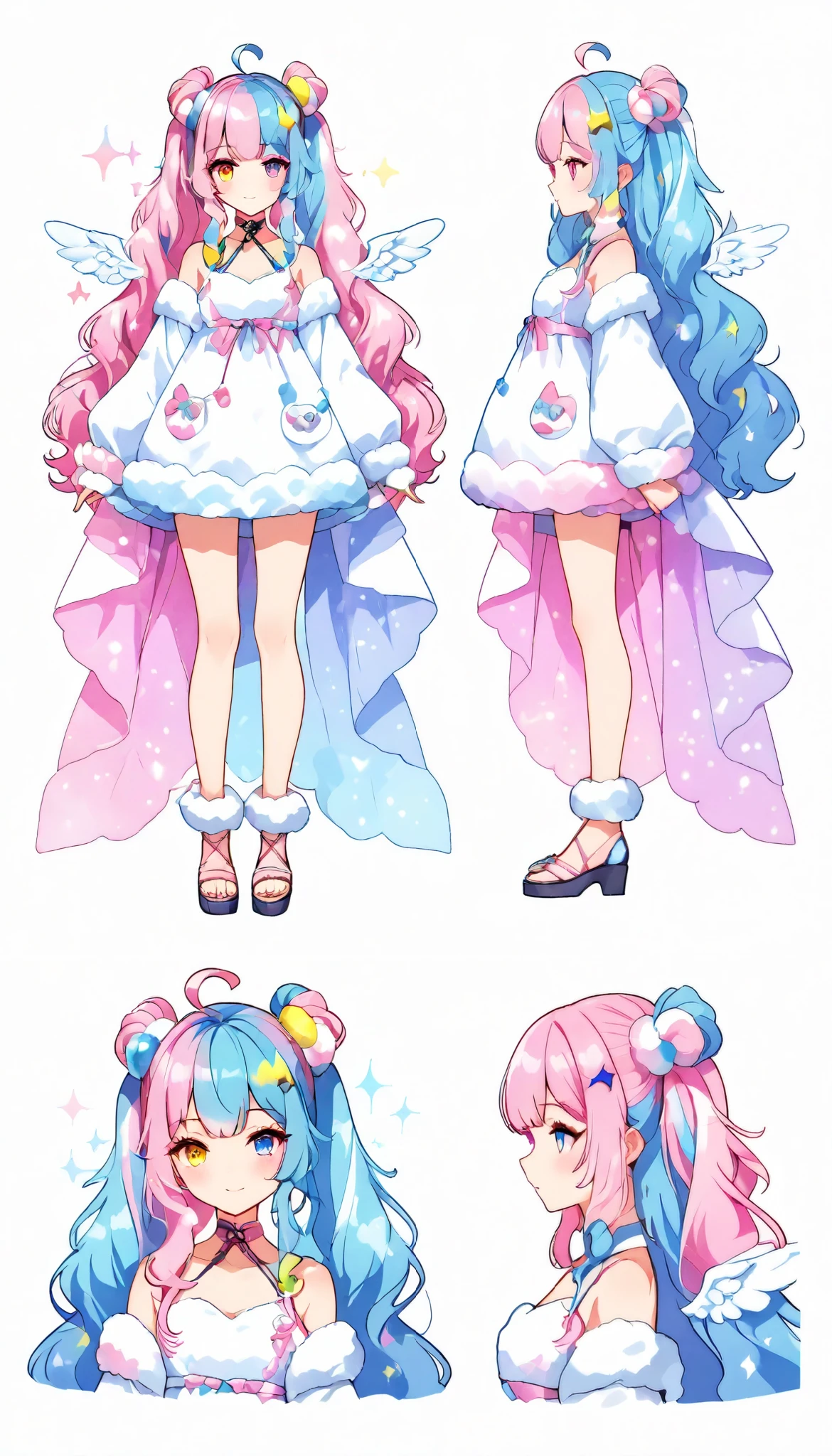 CharacterDesignXL
(CharacterSheet:1)
reference sheet, (full body, from side, front:1.1), upper body, cartoon,
simple white background, anime girl, vtuber design, character sheet, cute, heterochromia, small wings, starks, sparkles, long hair, multiple haircolors, split haircolors, fluffy hair, fluffy design, fluffy clothes, cute clothes, vtuber design, vtuber character sheet