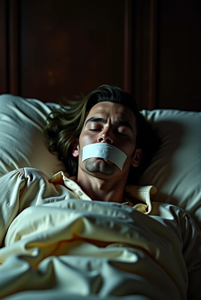 A young man lies on a bed, blindfolded and tied up with ropes around his wrists and ankles. The scene takes place in a well-decorated bedroom with soft lighting, but there’s a feeling of unease in the air. The man looks restless, anxiously waiting, unaware of what’s about to happen. The surrounding environment is calm, but the tension is palpable.ultra realistic
