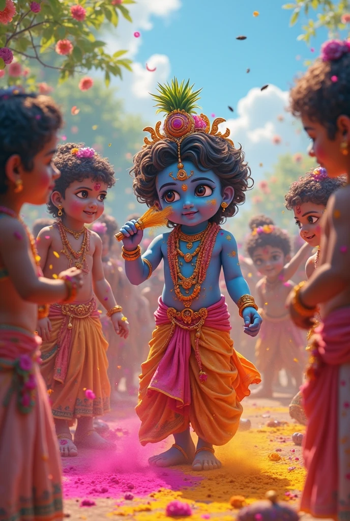 Blue Shree krishna stealing makhan and ate it with purple light on his face by title ' Happy Janmastami ' with his friends 