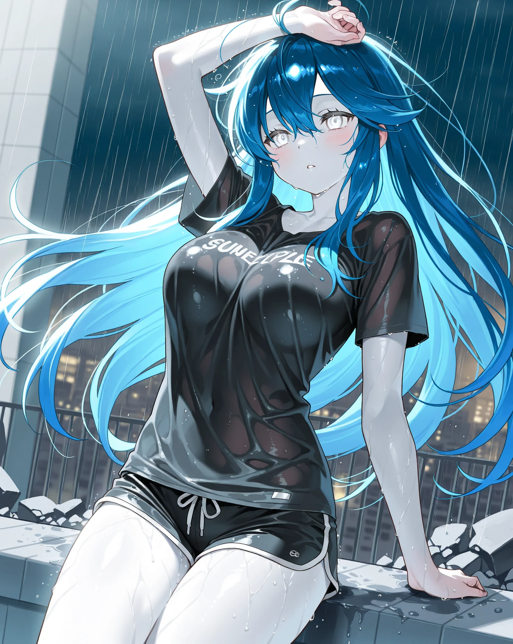 Amazingly absurd Rain at night neon camisole Shorts blue eyes One Girl Black Hair long hair
