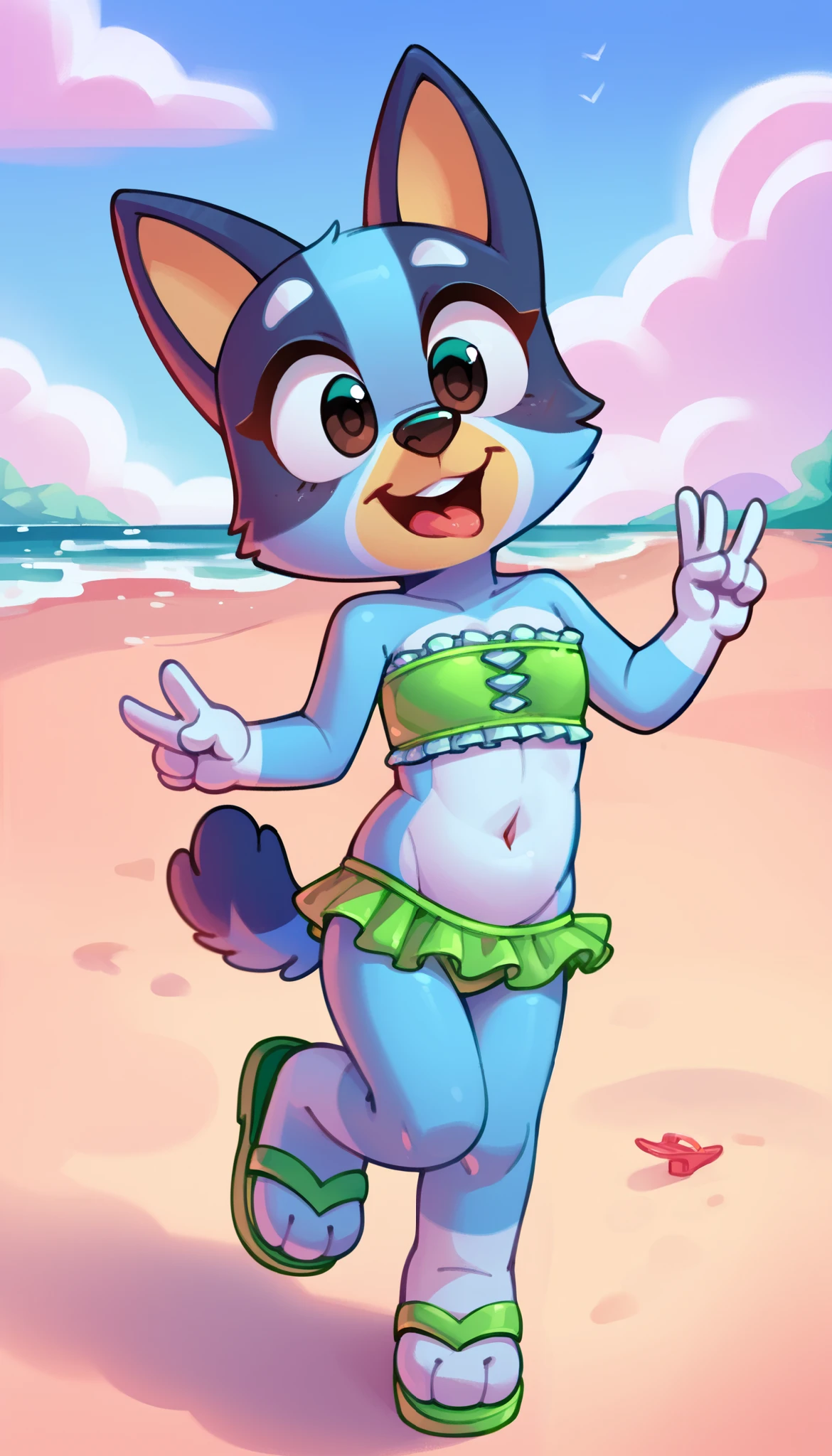 score_9, score_8_up, score_8, 1girl, source_cartoon, source_furry, blueyxl, bluey heeler, , (boxchibi:0.2), girl, cowboy shot, anthro, furry, tail, blue body, animal ears, flat shaded background, :3, like joy, peace sign with one hand, feminine, female, slender figure, slim body, (short body, tiny body, big head), detailed fur texture, ((green frilly strapless bikini top, midriff, green ruffled bikini bottom, sandals)), navel, beach, clear sky, navel, gorgeous body, anime style, 2D, full body, feets with three toes,