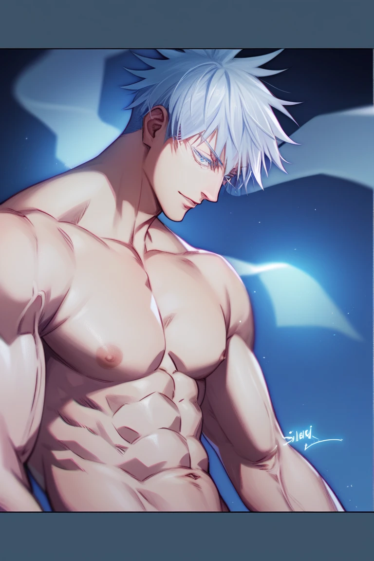 1 male, high resolution 8k, young, handsome, perfect face detail, detailed eyes and face, clean shaved, sixpack realistic, white eyebrow hair, white eyelashes, dynamic lighting, unreal engine, hd picture, satoru gojo, Jujutsu kaisen, white hair, short hair ,hair between eyes ,blue eyes, white skin, long pants