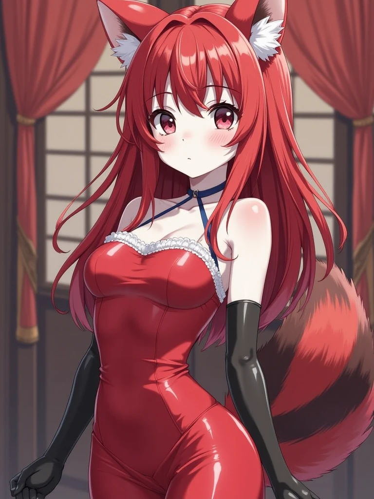 Happy woman, with wolf ears and red hair, holding her cheeks, wolf tail, wearing a latex dress, looking at veiwer, full body, you can see her chest, naked breasts