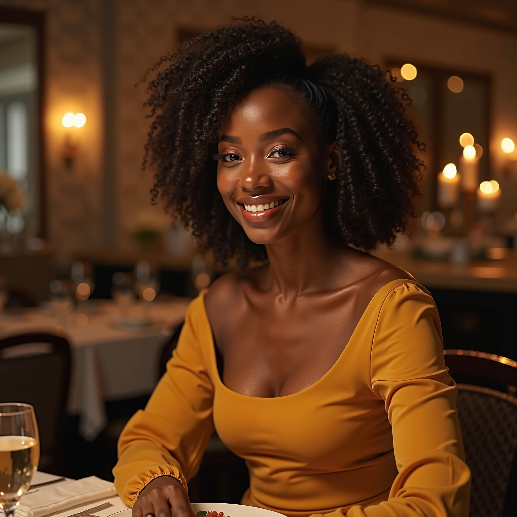 Thandi Minenhle, rayonnante de beauté avec de gros muscles solides et de gros dans une tenue élégante, respire la confiance alors qu'elle pose dans le restaurant. L'éclairage parfait la baigne dans une ambiance chaleureuse, lueur flatteuse, illuminant chaque détail complexe de ses traits. Son arrière-plan clair ajoute au très détaillé, image nette, mettant en valeur son impeccable, texture de peau réaliste et yeux détaillés. Le photographe professionnel a capturé ce chef-d'œuvre en résolution 4k, utilisant une faible profondeur de champ et Kodak Vision Color pour un maximum de détails et d'authenticité. Le sourire charmant de Thandi brille radieusement, ajoutant au réalisme ultime et à la perfection photographique de cet instant. (Photoréaliste, ultra-