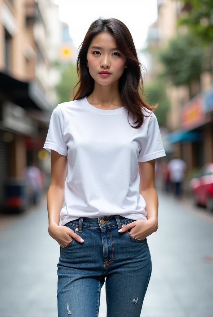 8k uhd, dslr, high quality , RAW photo, Realistic Photography , Full Body, Fujifilm XT3, Canon R5, Beautfiful Female, V-neck short sleeve t-shirt