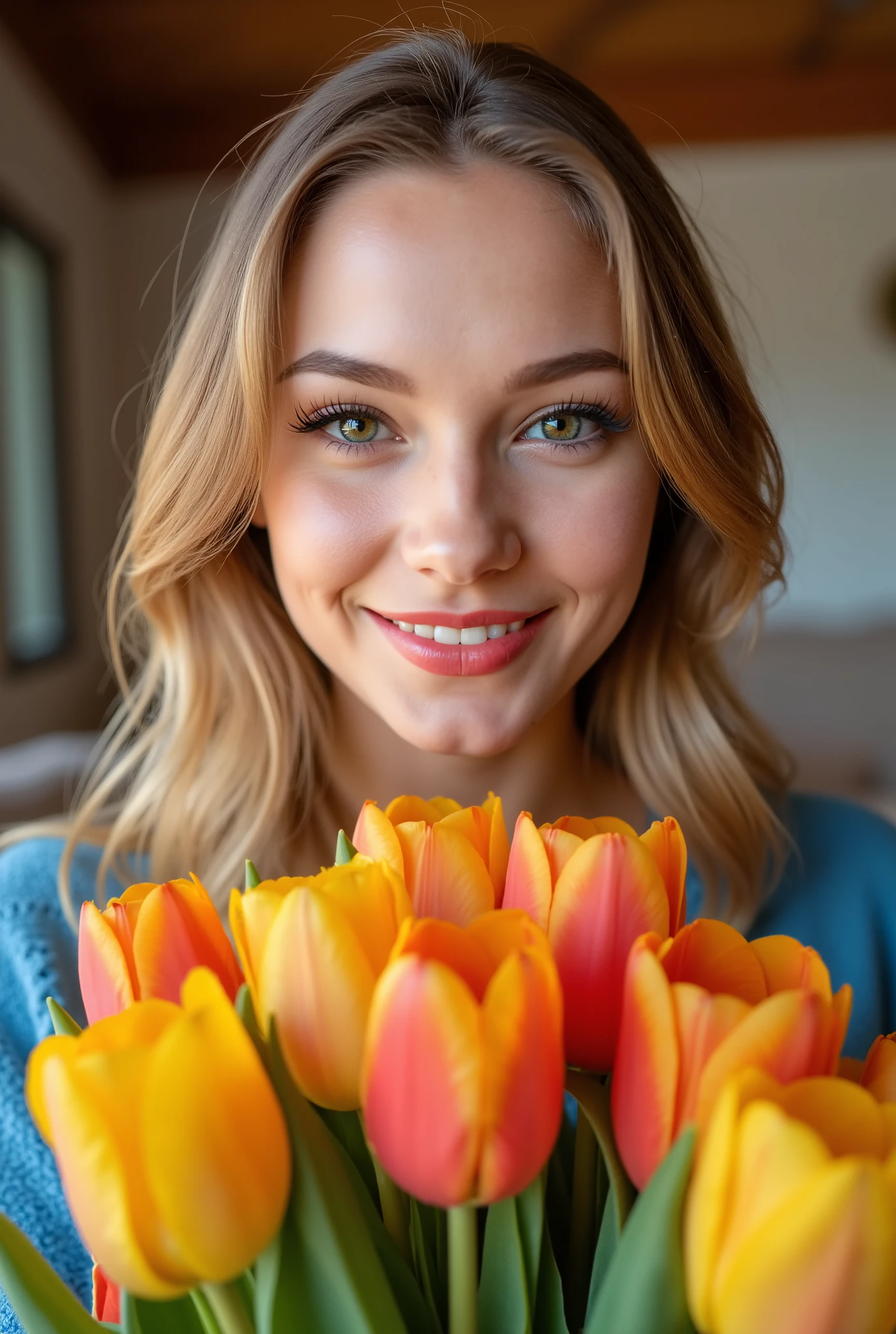 beautiful girl, 18 years old, she has light blue eyes., medium-length hair, blonde hair, smiling, girl at home, girl holding a large bouquet of tulips, dressed in a blunt blue sweater, top view, lips are covered in red, light makeup in a delicate color