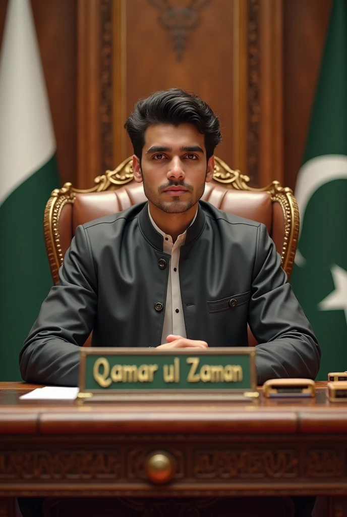 Create realistic illusion image A 20 years old boy is sitting on a king chair with attitude with Pakistan flag behind the chair and behind him the color of the wall is white on which “MAHAD” is written in golden. and also written Happy Independence Day” in clear letter written on small size on bottom