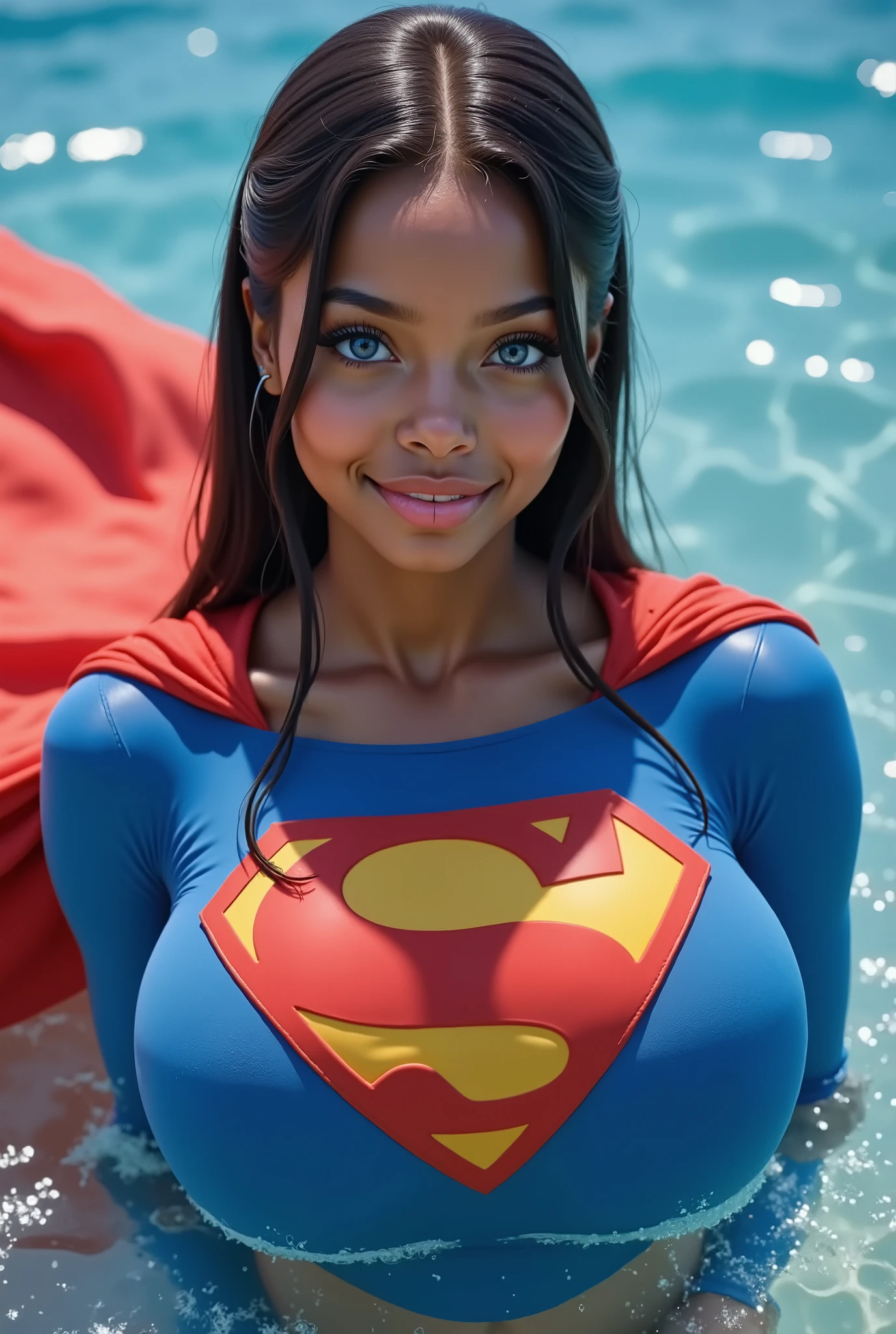 (SWIMMING IN THE OCEAN) SEXY BLACK AFRICAN 17-YEAR-OLD FEMALE COSPLAYING AS SUPERMAN WITH BIG BLUE EYES. A stunning, highly detailed, and ultra-realistic portrait of a SEXY BLUE EYED I GIRL, proudly wearing the iconic RETRO 1980 SUPERMAN costume. The vibrant royal blue bodysuit shimmers under the soft natural lighting, adorned with a bold, raised red and yellow 'S' emblem on her chest, signifying her legacy as Superman’s daughter. A flowing red cape BILLOWING behind her, its silky texture catching the light, enhancing the depth of the image. Her long, jet-black hair is neatly pulled back into a sleek ponytail, revealing her striking blue eyes that radiate confidence and warmth. She has a bright, playful smile, showcasing her pearly white teeth, adding to her charismatic presence. Her skin appears flawless, glowing naturally, with soft highlights accentuating her features black hair, longeyelashes, solid circle eyes, 8k, super detail, best quality, highres, award winning, best quality, super detail, textured skin, UHD, retina masterpiece, best quality, high quality, extremely detailed CG unity 8k wallpaper, Depth of Field, HDR, bloom, Chromatic Aberration ,Photorealistic,extremely detailed, trending on artstation, trending on CGsociety, Intricate, High Detail, dramatic, art by midjourney, SWIMMING, CAPE SWIRLING IN THE WATER.