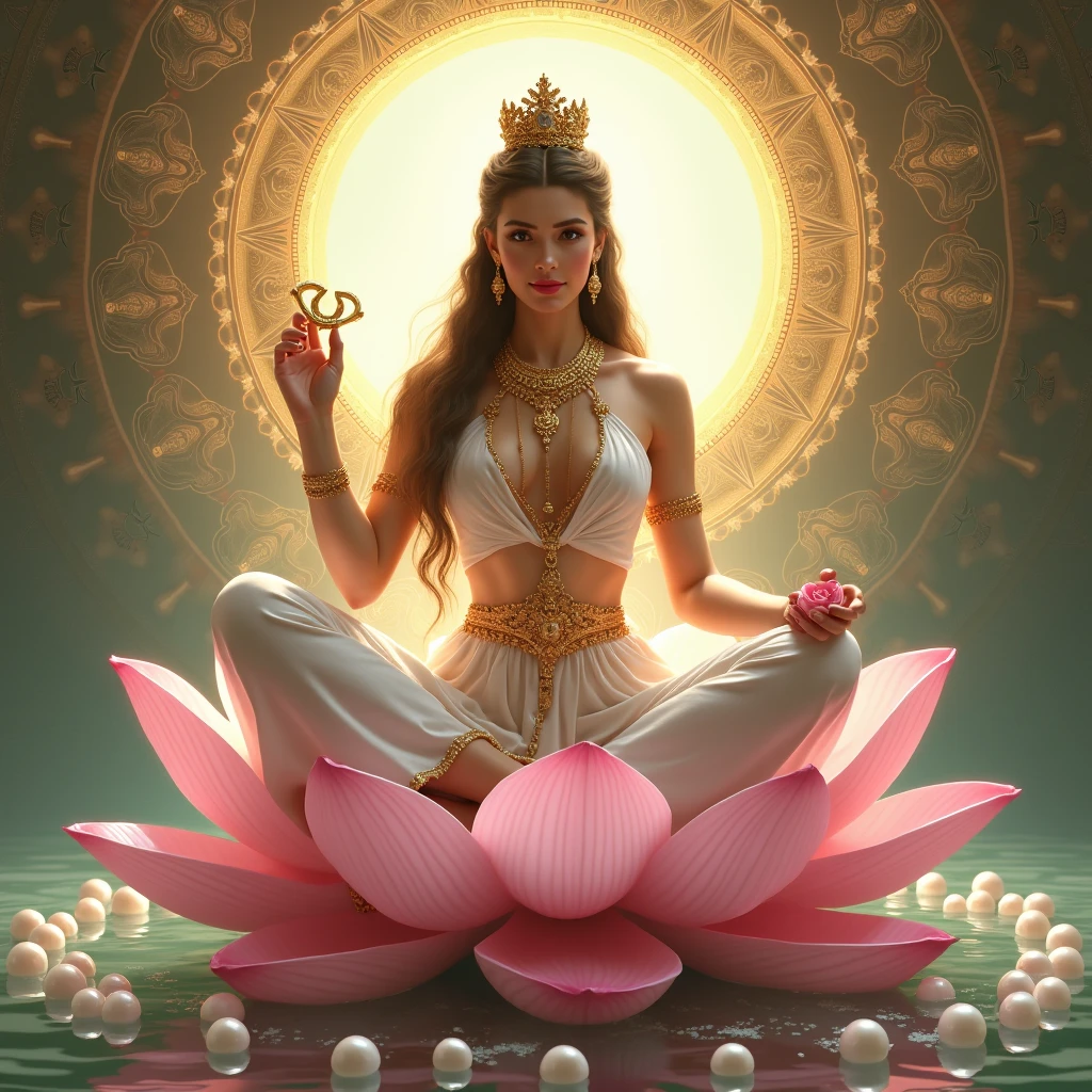 tmasterpiece,超高分辨率,Buddha Mother in White,16 yaers old,Beautiful bodhisattva holding lotus flowers in his hands,((( Face the audience with the palm of your hand))),((Beautiful big eyes looking at the audience)),(healthy-looking skin， Thin skin,二重まぶた,Jelly textured lips,Glowing lips,(((Flawless skin texture))),Real pores,White skin of the,ctextured skin,（Wear gemstones,pearls,hisui,amber,）,crown,choker necklace,Yingluo,jewelry,white  clothes,The head shines,Blue sky background,Flat background,Clean picture,Pure sky,Extremely high detail,Perfect Goddess,full art illustration,photorealestic,professional photoshooting,超高分辨率, best qualtiy, photore, 8K,（realisticlying：1.2),A golden glow overhead（The halo：1.2),golden headdress,Brighter,tmasterpiece,best qualtiy,Complicated details，Light environment and crystals in the background,crystal,Portal of the future,3D light,k hd,magia,God of Light,The light from the back window is backlighted,详细的脸,depth of fields,Gentle lighting,Tone-mapping,highly  detailed,concept-art,Smoothness,Clear focus,Dramatic lighting,highly detailed art,cinematic ligh,8K,amazing shadows（highly detailed back ground：1.2）The woman sitting on the lotus holds a lotus flower,（（Pink lotus））,Guanyin, an ancient Chinese goddess, guanyin of the southern seas, Sit gracefully on a lotus, gilded lotus princess, Pink Lotus Queen, contented female bodhisattva, inspired by Lü Ji, Realiy, sitting on a lotus flower, Lotus，3Drenderingof