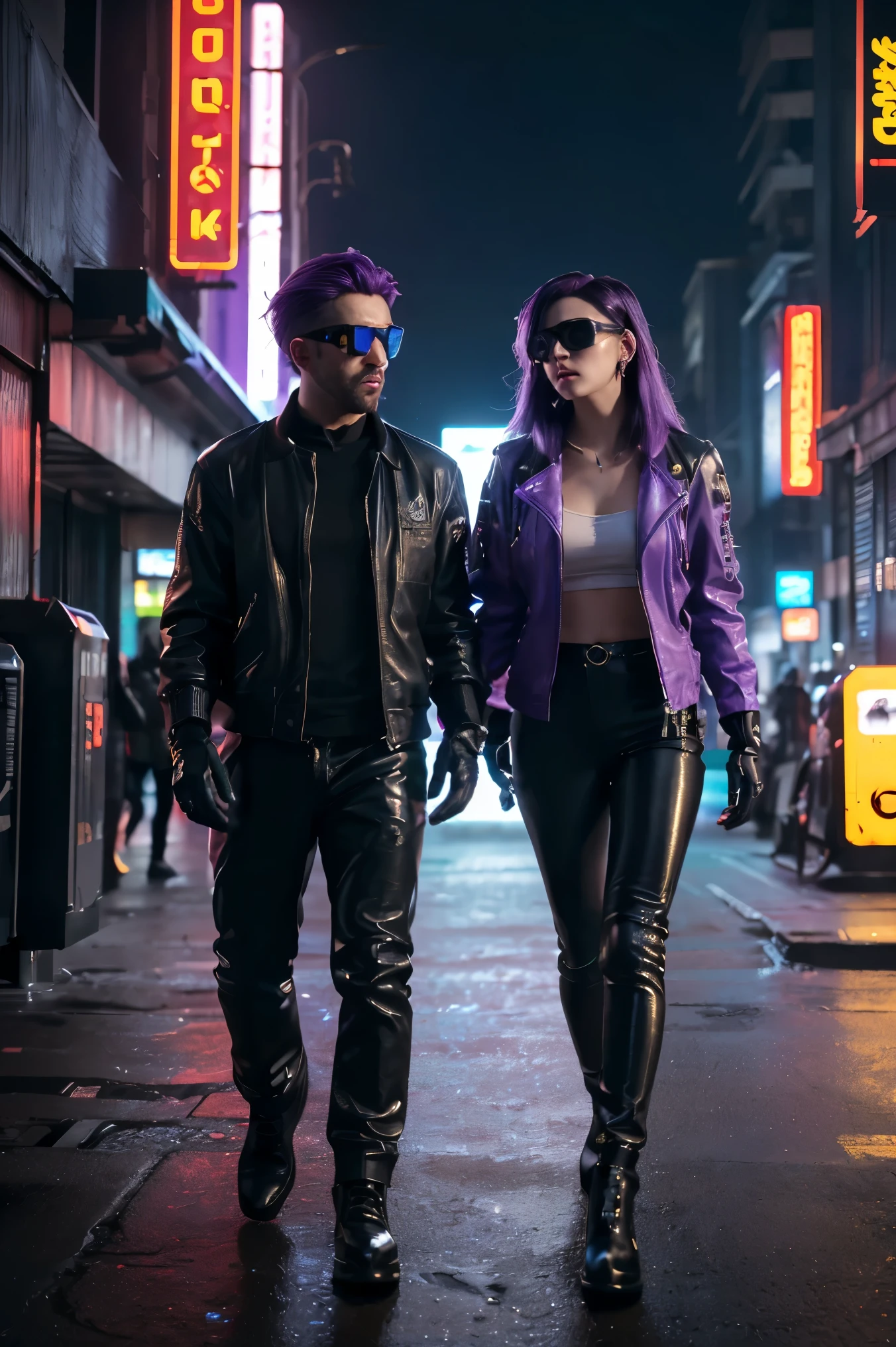(((Best quality, 8k, Masterpiece: 1.3)), ((best quality)), ((masterpiece)), (detailed), perfect face, cyberpunk, jacket, leather pants, cybercity, night, purple hair, goggles, crystal earrings, Futurism, cinematic lighting, ray tracing, backlighting, very long hair, crystal hair, expressive hair, acid rain, Air pollution, loneliness, Solitude, Mechanical gloves