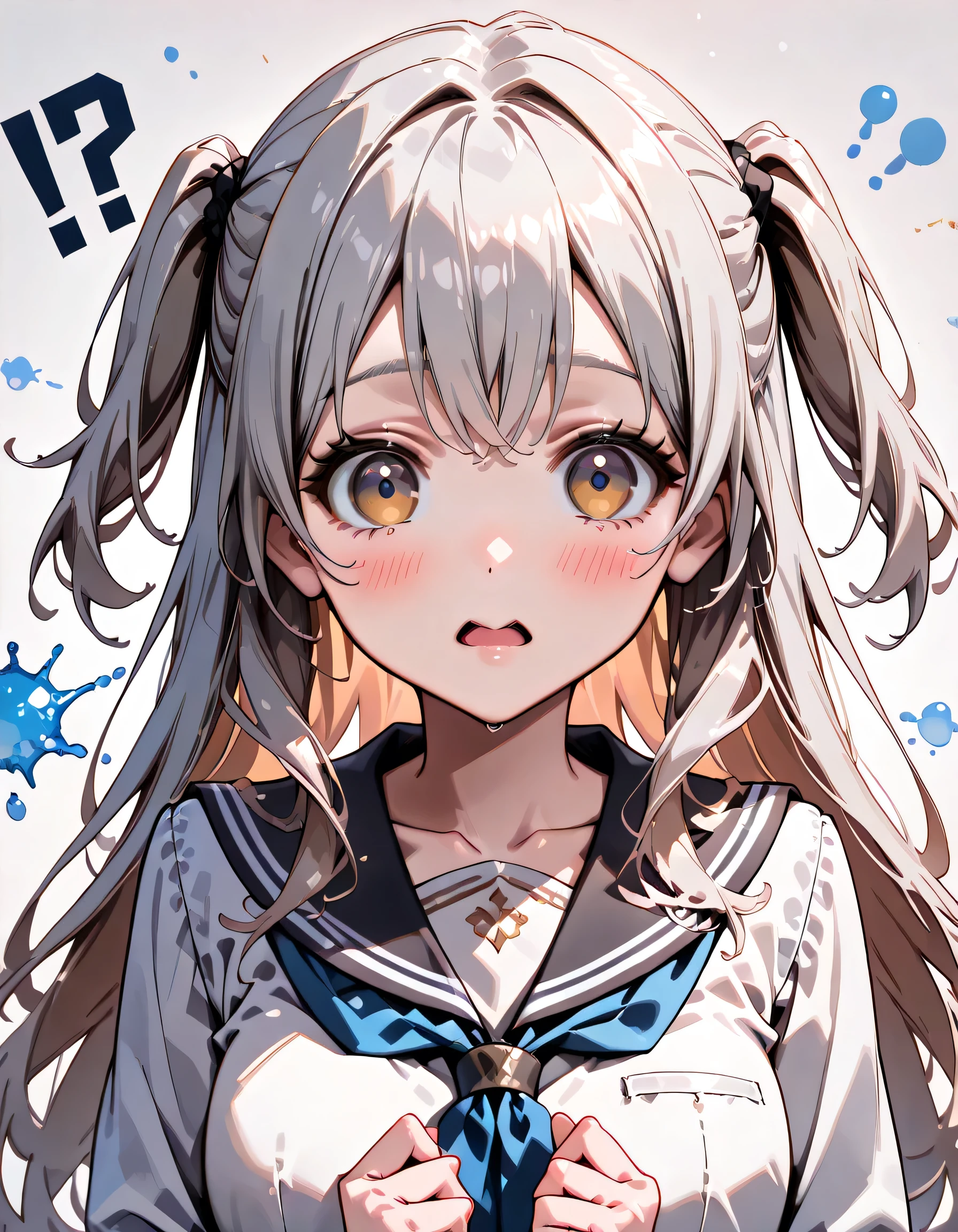 ((ultra-detailed)), (highly detailed CG illustration), (best quality:1.2), ultra-highly detailed, colorful composition, artistic photoshoot, 1girl, solo focus, ((upper body:1.4)), moe anime character, girl, dainty facial structure, (bab(round face), ((rounded chin:1.2)), celia-default, celia claire, (blue eyes), ((silver hair color)), ((two side up hair)), ample breasts, school uniform, sailor suit, traditional Japanese style with navy blue and white colors, ((surprised:1.5)), ((blush:1.4)), ((looking viewer)), ((spoken !?:1.4)), ((blue splash background)), from front, best quality, masterpiece, expecting, pink cheek, blush, light pink gloss slip, portrait, depth of field, soft lighting, sidelighting, (shine), lighting, caustics, ray tracing, smile, perfect face, lustrous skin, highly detailed face, highly detailed eyes, perfect face, perfect nose, perfect hair, perfect eyes, perfect anatomy, beautiful hair, beautiful small face, extremely detailed face, beautiful detailed eyes, beautiful clavicle, beautiful body, beautiful ample breasts, leavage, breasts squeezed together, equalize the size of the left and right breasts, beautiful thin thighs, beautiful legs, beautiful fingers, 4 fingers, 1 thumb, lovely, (very detailed background:1.0), (highly detailed background:1.0), spring aesthetic, intricate details, joyful atmosphere, spring colors palette, chromatic aberration