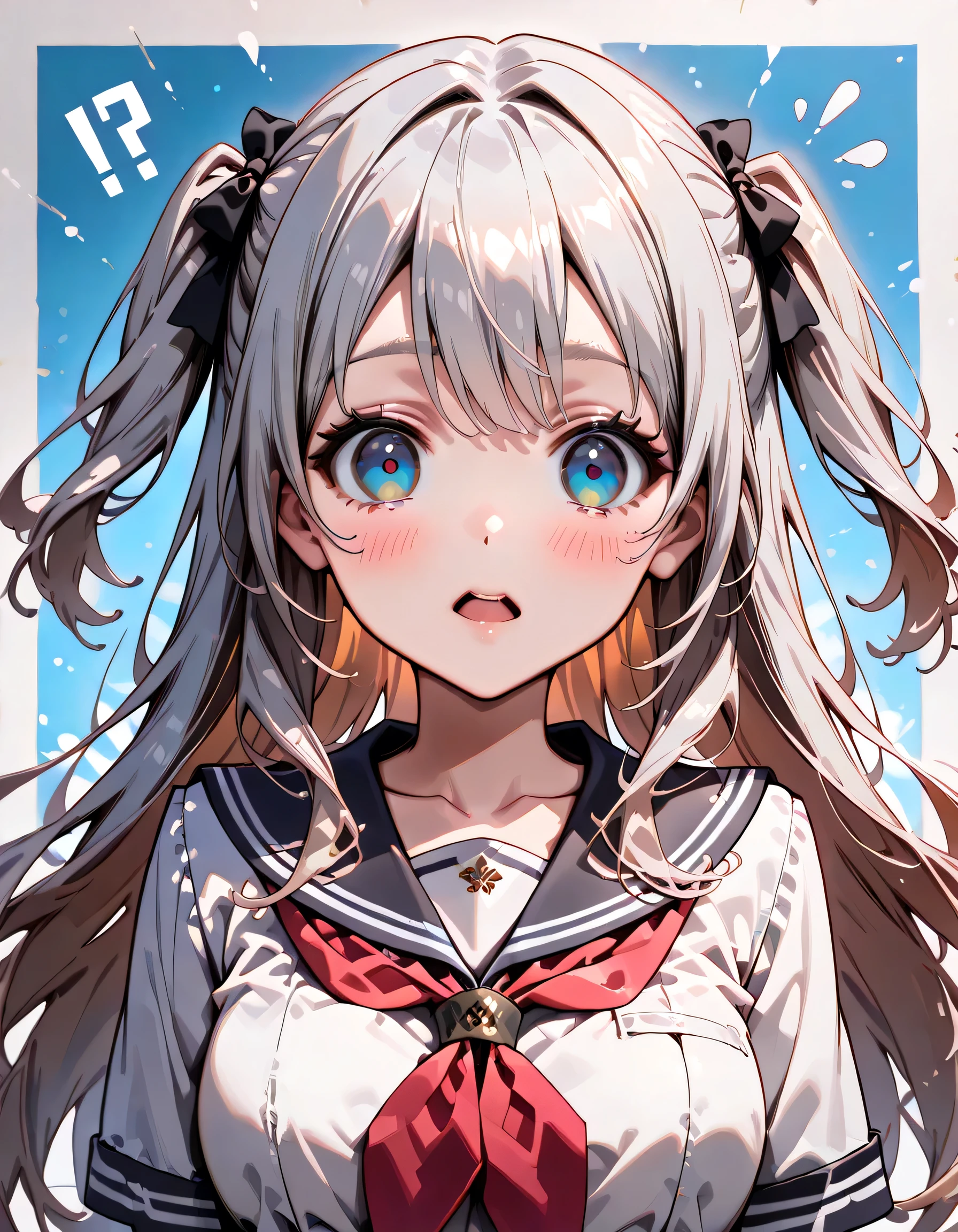 ((ultra-detailed)), (highly detailed CG illustration), (best quality:1.2), ultra-highly detailed, colorful composition, artistic photoshoot, 1girl, solo focus, ((upper body:1.4)), moe anime character, girl, dainty facial structure, (bab(round face), ((rounded chin:1.2)), celia-default, celia claire, (blue eyes), ((silver hair color)), ((two side up hair)), ample breasts, school uniform, sailor suit, traditional Japanese style with navy blue and white colors, ((surprised:1.5)), ((blush:1.4)), ((looking viewer)), ((spoken !?:1.4)), ((blue splash background)), from front, best quality, masterpiece, expecting, pink cheek, blush, light pink gloss slip, portrait, depth of field, soft lighting, sidelighting, (shine), lighting, caustics, ray tracing, smile, perfect face, lustrous skin, highly detailed face, highly detailed eyes, perfect face, perfect nose, perfect hair, perfect eyes, perfect anatomy, beautiful hair, beautiful small face, extremely detailed face, beautiful detailed eyes, beautiful clavicle, beautiful body, beautiful ample breasts, leavage, breasts squeezed together, equalize the size of the left and right breasts, beautiful thin thighs, beautiful legs, beautiful fingers, 4 fingers, 1 thumb, lovely, (very detailed background:1.0), (highly detailed background:1.0), spring aesthetic, intricate details, joyful atmosphere, spring colors palette, chromatic aberration