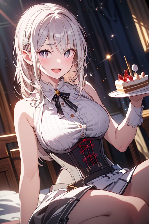 (nsfw:1.3),(open chest:1.3),((very flat chest :1.3)),((open skirt:1.3)),((side tie panties)),opne vagina, highest quality, masterpiece, long eyelashes, Sparkling輝く目, Dresses with ruffles and ribbons, Eat cake in a café, Sparkling, Cat ear, flower hair ornament,