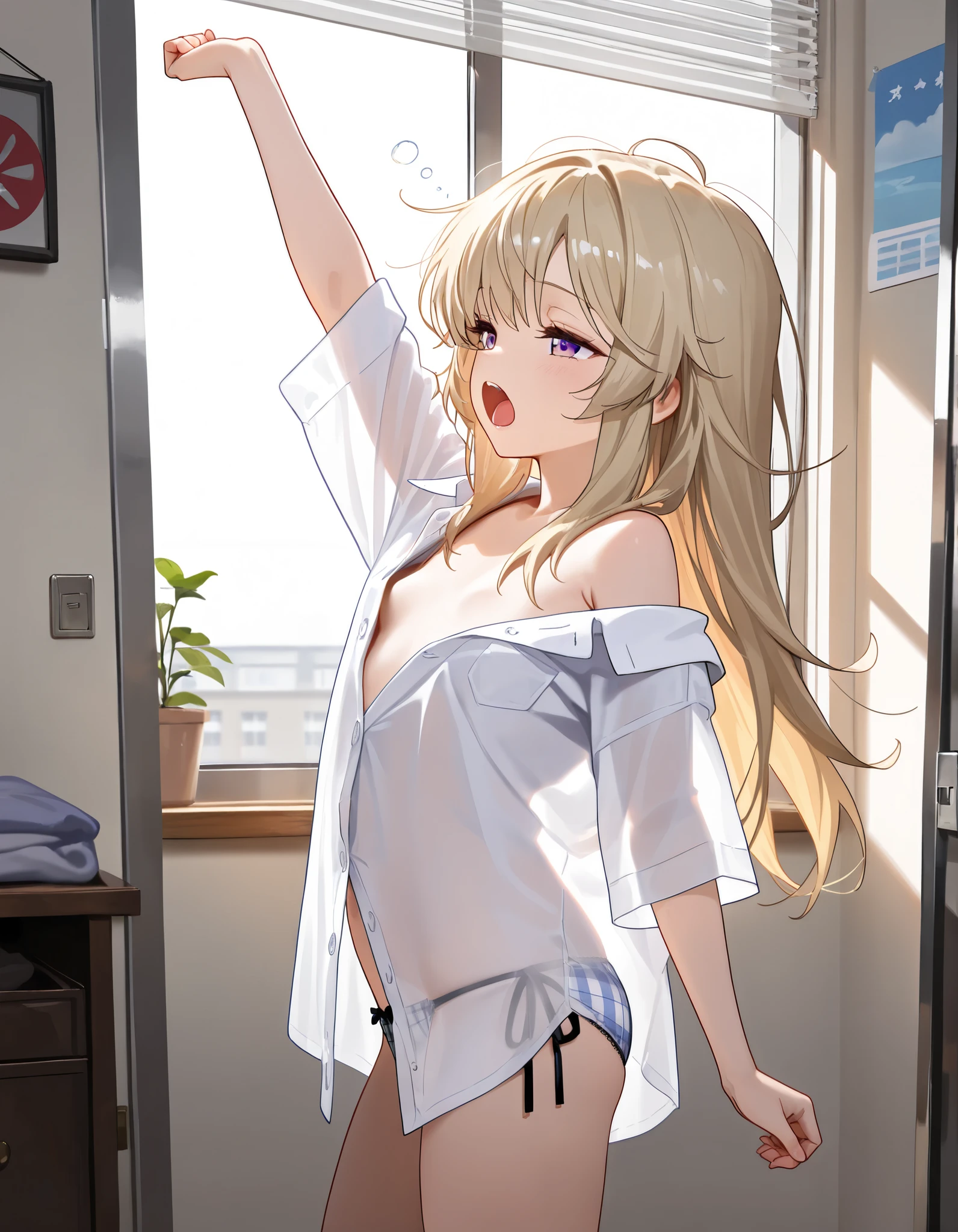beste-Qualit, ultra highres, 1 fille, transparent white unbuttoned shirt without sleeves, mini jupe noire, sein de taille moyenne, tour de cou noir, mignonne, (idole Kpop), (aegyo sal: 1), (cheveux blonds platine: 1), ((puffy eyes)), in search of the viewer, expression sensuelle, corps entier, Facing the'avant