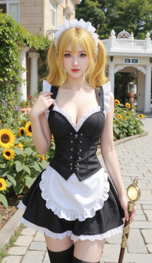 1girl, (Blue eyes), (Smile), (Sana Minatozaki), wide hips, Big Boobs, big ass, (Best Quality, 8k, Masterpiece: 1.3), perfect hands, Clear Focus: 1.2, Perfect Body Beauty: 1.4 , Slender Abs: 1.2, Highly detailed face and skin texture, detailed eyes, double eyelids, (blonde twintails hair :1.2), (black maid outfit :1.3), (long thigh high stockings :1.1), standing, take selfie, maid of a cafe bar, (in a colorful cafe bar :1.2), coffee shop
