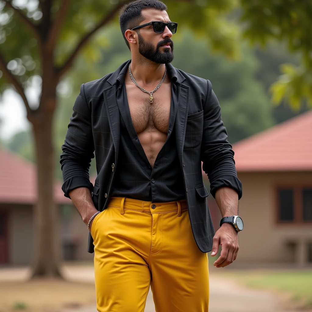 Desi man wearing a suit. No shirt. Beard.