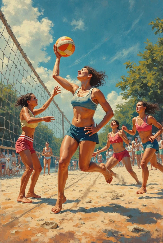 a masterful paint made by Rembrandt of a ((woman playing volleyball: 1.3) on an on coast of the Loir river, an extraordinary beautiful ((renaissance woman: 1.3)), full body, long hair, wavy hair, dynamic hair color, dynamic eye color, ((anatomically correct: 1.5)) playing volleyball, in a beautiful beach on the Loir river, best detailed face, a French medieval castle on the river bank in the background, Ultra-high resolution, High Contrast, (masterpiece:1.5), highest quality, Best aesthetics), best details, best quality, highres, 16k, [ultra detailed], masterpiece, best quality, (extremely detailed), Intense gaze, chumbasket art style, style of Rembrandt