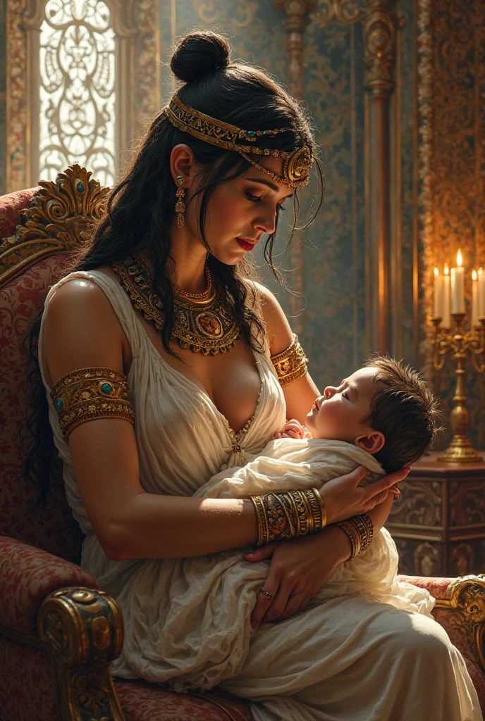 The radhika queen seating on fees and a boy sleeping on legs 
