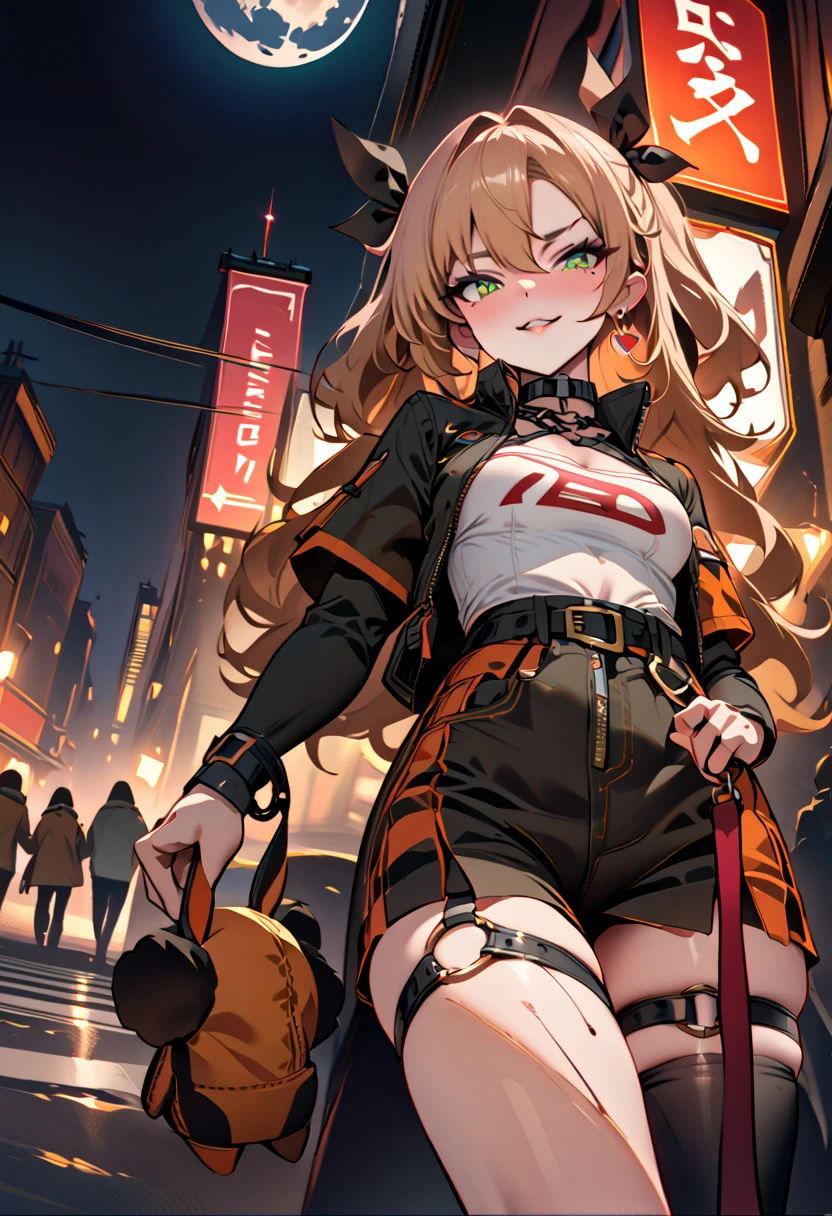 (best quality,highres,masterpiece:1.2),ultra-detailed,realistic,sexy,himiko toga,blood-red background,vibrant colors,soft lighting,flowing hair,fierce expression,leather outfit,alluring pose,fangs,blood splatters,sharp claws,mischievous eyes,playful smirk,subtle flirtation,dark energy,temptation,provocative confidence,edgy style,black boots,red lipstick,lustful gaze,seamless blending of beauty and danger