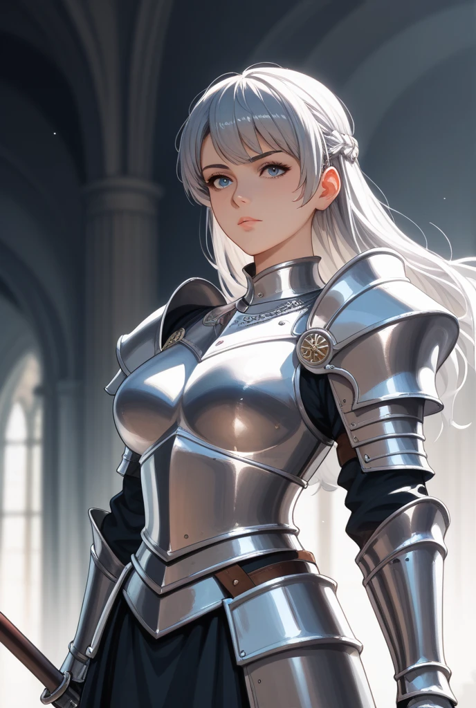 8k, best quality, masterpiece, highly detailed, semi realistic, 1 girl, mature female, 20 years old, silver white long hair, high ponytail, bangs, red pupils, silver white armor, white fluffy skirt, silver iron boots, sword in hand, knight, coronation ceremony