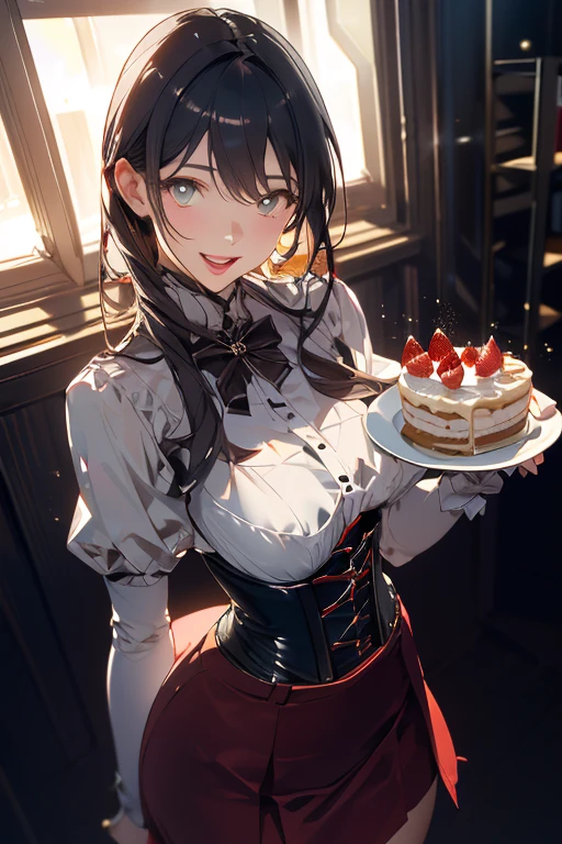 animesque、a beauty girl、amorous、a room、a cake、birthday、dining、A smile、Brown hair、Black eyes glow、へにょへにょしたA smile、Bun hair