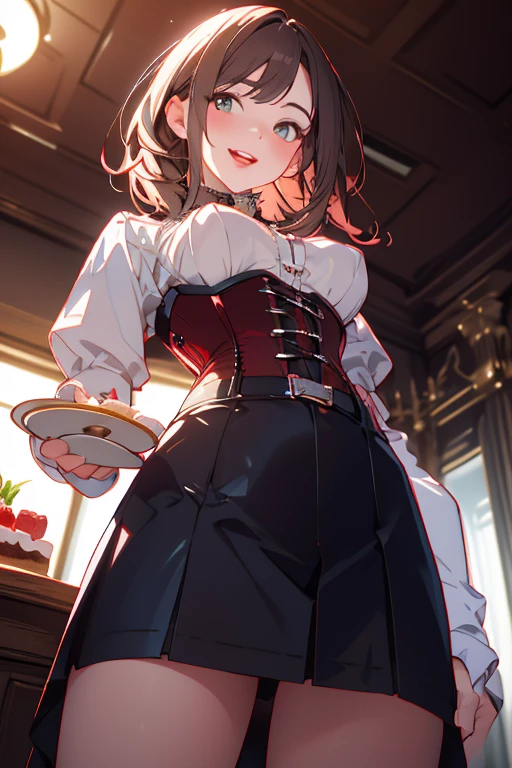 masterpiece, yor, 1girl, Amazing Cleavage:1.3, thin waist, big ass, Raised sexy, medium breast: 1.8 posed cleavage:1.2、solo, looking at viewer, open mouth, have a cup of coffee,black hair, red eyes, dress, bare shoulders, jewelry, collarbone, sidelocks, hairband, earrings, indoors, off shoulder, :o, sweater, arms behind back, plant, short hair with long locks, white hairband, off-shoulder dress, sweater dress, off-shoulder sweater, red sweater, big side hair, very long side hair,is rendered in (masterpiece: 1.2, best quality), with (ultra high resolution) and an exquisite (depth of field). This masterpiece is not only visually stunning but also tells, make of cake cooking ,in the kitchen