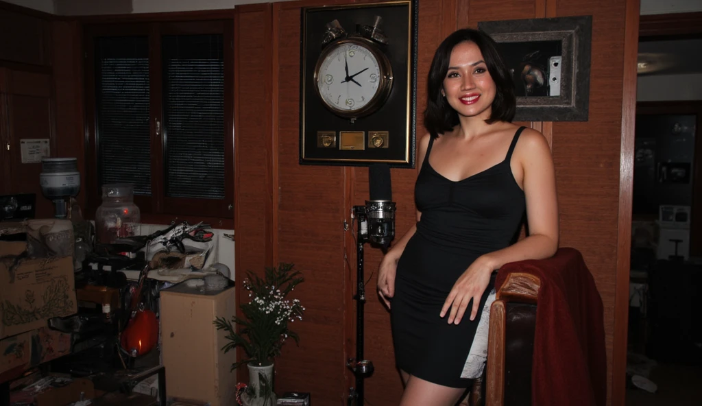 There is a 40-year-old woman standing in a room with a TV, a 40-year-old woman, with her hands on her hips and a smile on her face. She is wearing a red blouse and black pants. Behind her, a sofa and a television are visible. The living room has a warm and inviting atmosphere. The wall has two framed photos. She is wearing a red blouse and black pants. She is a beautiful woman, with white skin and dark brown hair. She is about 45 years old, 165 cm tall and weighs 56 kg. She has a perfect mouth, a perfect face. Her body exudes glamor and her face is a definition of beauty. Slender body, thin waist. Highly realistic, hyperrealism, very elaborate skin, perfect face. Clear photo, high resolution, high quality, masterpiece, 16K photo, high contrast, masterpiece, NUDE, NUDITY, NFSW.