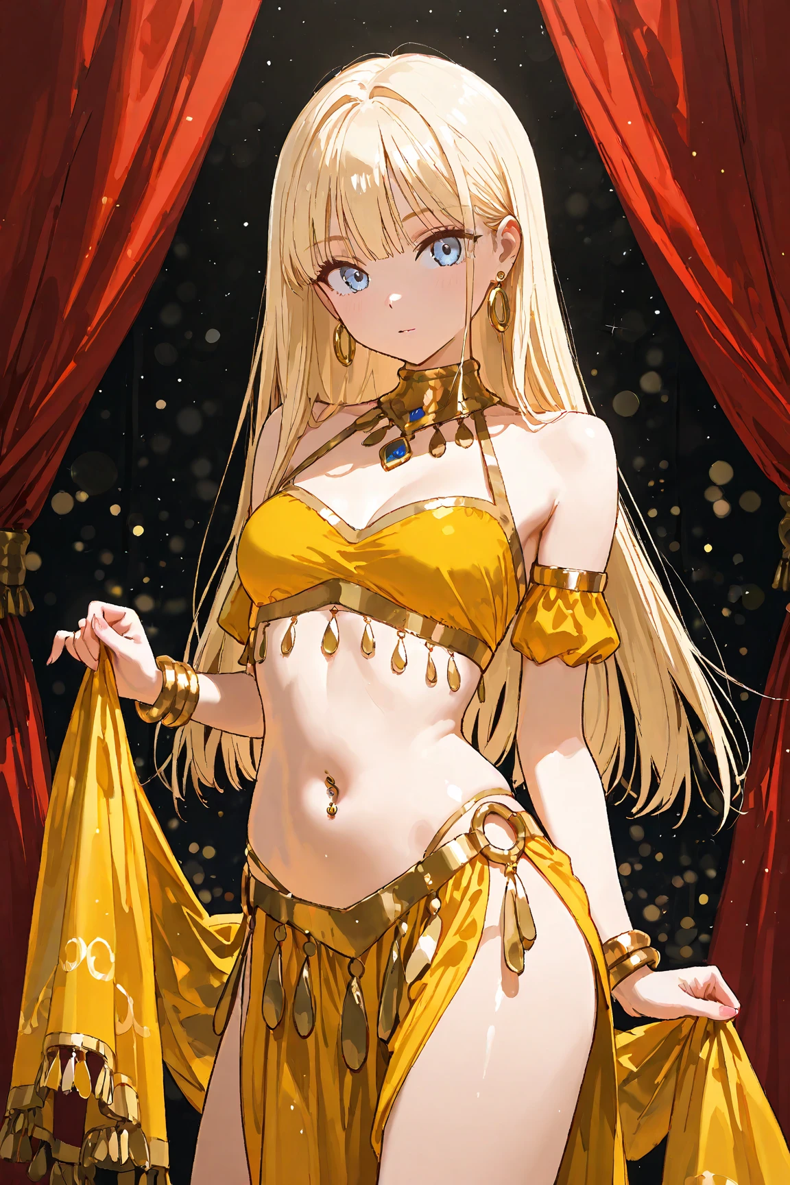 masterpiece, 1girl,bra, skirt, sitting, (gold), pinjent, earings, coins, treasure, money, (golden), ancient, art pieces, no shirt, no pants, wet, egypt,(beautiful scenery),(perfect face), blonde, femine, fruits, grape, hot