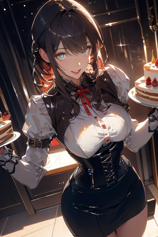 1 girl, small nose, very beautiful detailed face and eyes, bright colors, cute face, delicate beautiful face, Bright magenta eyes, cute eyes, sparkling eyes, Big eyes, (big breasts:1.3), (perky chest:1.1), (pointed chest:1.0), (cake magazine cover:1.3),highest quality, WorKs of masters, High resolution,BlacK color hair,shiny hair, side ponytail,hair between eyes,bangs, (black jacket, real clothes, cleavage, black skirts, black thighhighs, thigh strap, fingerless gloves, single glove:1.2) , spread legs, panties shot, medium hips, glamorous body, white skin, smile, thin pubric hair, super beautiful face, Super beautiful eyes, Super beautiful hair,trendy outfit,sexy and attractive,full body esbian, Real World, Natural light,perfect Natural light,(with sparkling eyes and a contagious smile), This masterpiece is not only visually stunning but also tells, make of cake cooking , in the kitchen, open mouth, looking at viewer,