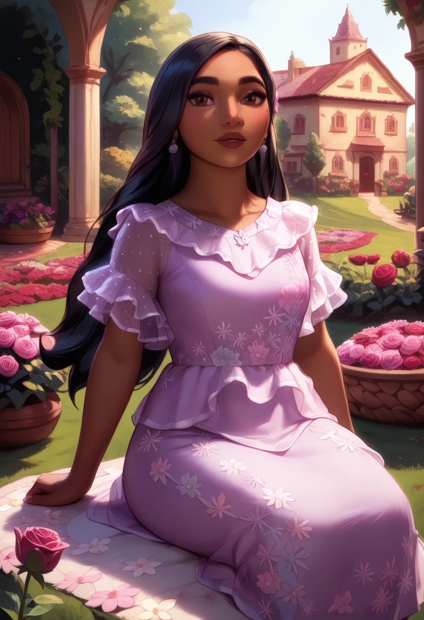 (source_anime, score_9, score_8_up, score_7_up:1), IsabelaMadrigal, 1girl,pink dress, long hair, black hair,pink long dress, sitting ,,seducing, parted lips, sitting on a garden full of flowers, roses, daisies, (dark-skinned female:0.5), realistic:0.76, large waist, lingerie,Expressiveh, view from behind, ,csr style