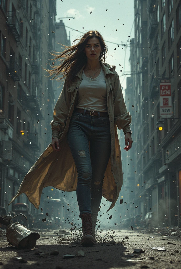 Movie poster, jungle city, lion warrior, medium chest woman, black jeans, belt, long t-shirt, coat, rivets, holster, rivets, explosions, jungle, ruins, just one body, night
