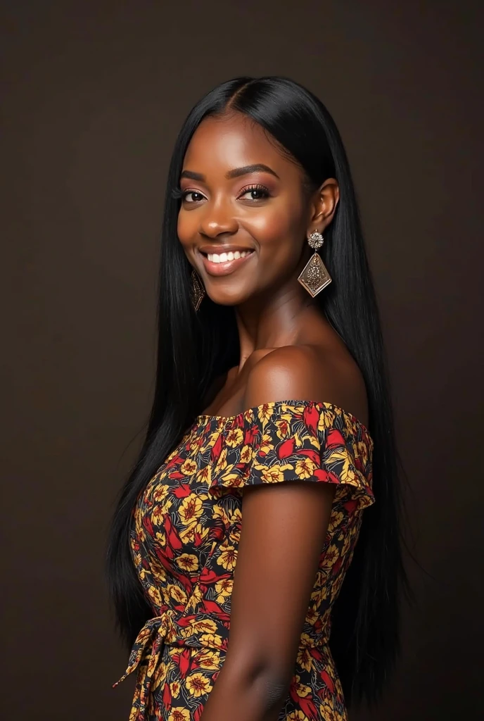 20A beautiful young woman、 (African woman, Black Hair、 An athletic body, Average breast size, Brown eyes, Skin beauty: 1.3), Ear piercing、blouse、smile, Beautiful teeth alignment、Intricate details, Very detailed:1.2), 、 Looking at the camera,