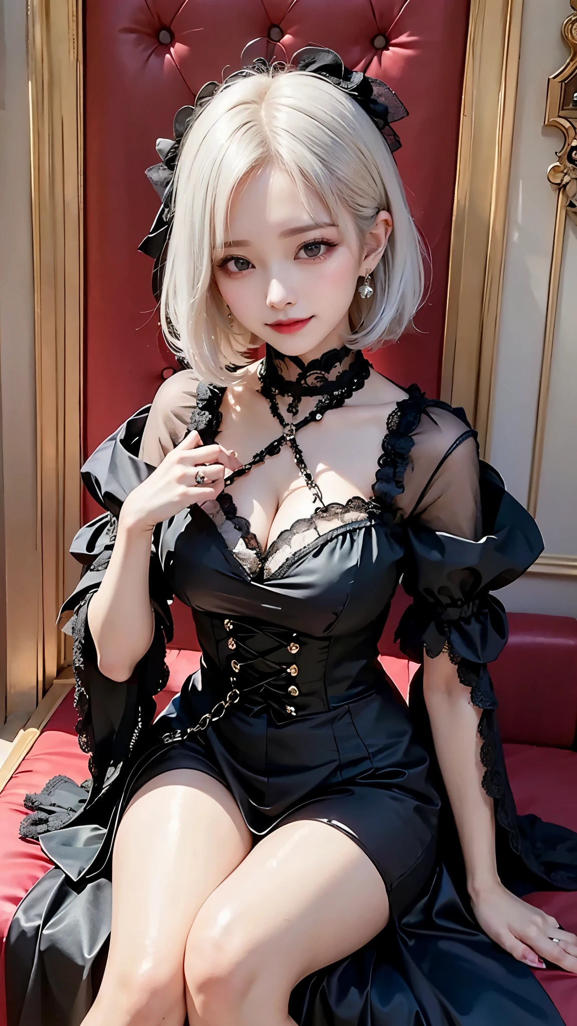 ((16K highest quality, Realistic as a photo, Very detailed, 超A high resolution, High quality and ultra-realistic female images, Hard Dark Gothic Makeup、Big, round and beautiful breasts、valley、Looking up))Deep Night Sky、Horror、sad、Good skin radiance、White gothic makeup、smile、palace、14 years old、Embarrassed look、White Gothic Dress、Obscene language、highest quality、Drunk face、紫のMaid clothes、Mysterious、sexy、愛情あふれるsmile、Beautiful and detailed eyes、Platform Heel Shoes、Gothic Lolita clothes、Silver Hair、Short Hair Cute Gothic Lolita Dress、Beautiful Face、elegant features、Attractive face、Stained glassが背景、Chest glistening with sweat、The room is dark、gothic long dress、Bell Sleeves、Wizard Sleeve、Decadent look、Sexually excited expression、Glossy thighs wet with water、Thighs that are wet and shiny with oil、Background of a room full of roses、The embroidery is pink、The dress has pink embroidery.、Thigh-high socks、Knee-high socks、Gentle expression、Stained glassと薔薇背景、Female Duo、Female couple、dark church background、Stained glass、Black metal world、Dark Castle、Slender body、gothic long dress、Maid clothes、Victorian dress、Her thighs are shining with sweat、My body is wet and shiny、Lots of glitter on the thighs、My thighs are sticky with sweat、Sweat glistening on my thighs, The whole body is sweaty and shiny、I sweated a lot.、My thighs are sweaty、My thighs are wet、My thighs are shining with sweat、A lot of sweat glistening all over the body、