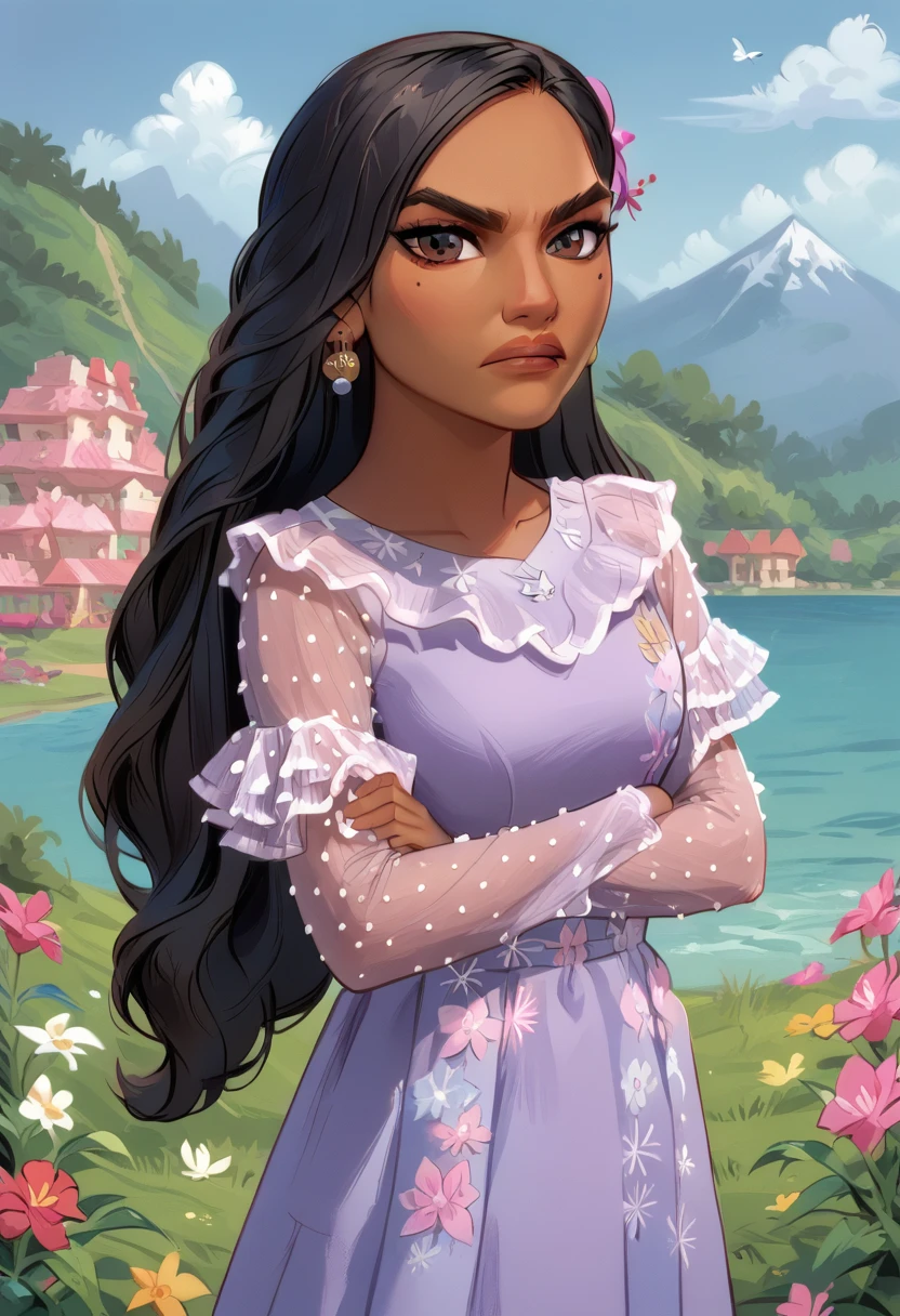 (source_anime, score_9, score_8_up, score_7_up:1), IsabelaMadrigal, 1girl, (masterpiece, best quality:1.2), angry, crossed arms,(depth of field:1.1), dress, flower on head, IsabelaMadrigal, close to a river, mountains, masterpiece, highness, perfect face, perfect picture, detailed eyes, sharp focus