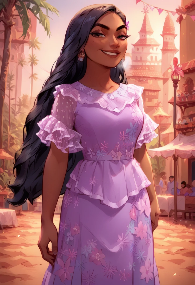 (source_anime, score_9, score_8_up, score_7_up:1), IsabelaMadrigal, 1girl,pink dress, long hair, black hair, pink dress, lace, day, outdoors, village, smirk, visible breath, (dark-skinned female:0.5), large waist, dress with spots of painting, holi festival ,Color Splash, score_7_up