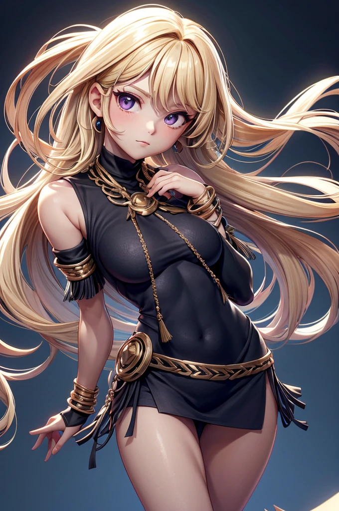 Solo, girl, tan skin, leopard ears and a tail, leopard markings face, golden jewelry and wears black clothing hints of gold black top, black Loincloths around her hips she wears golden sharp fingernail guards. darkish gold hair fades to bright gold is curly hair goes into one big braid, grey eyes, gold pupils. tan skin and moles on her left side cheek and one by her right eye she haves black triangle markings on both of her legs and only right arm (full body) masculine body (Tan skin) (dark golden hair color)