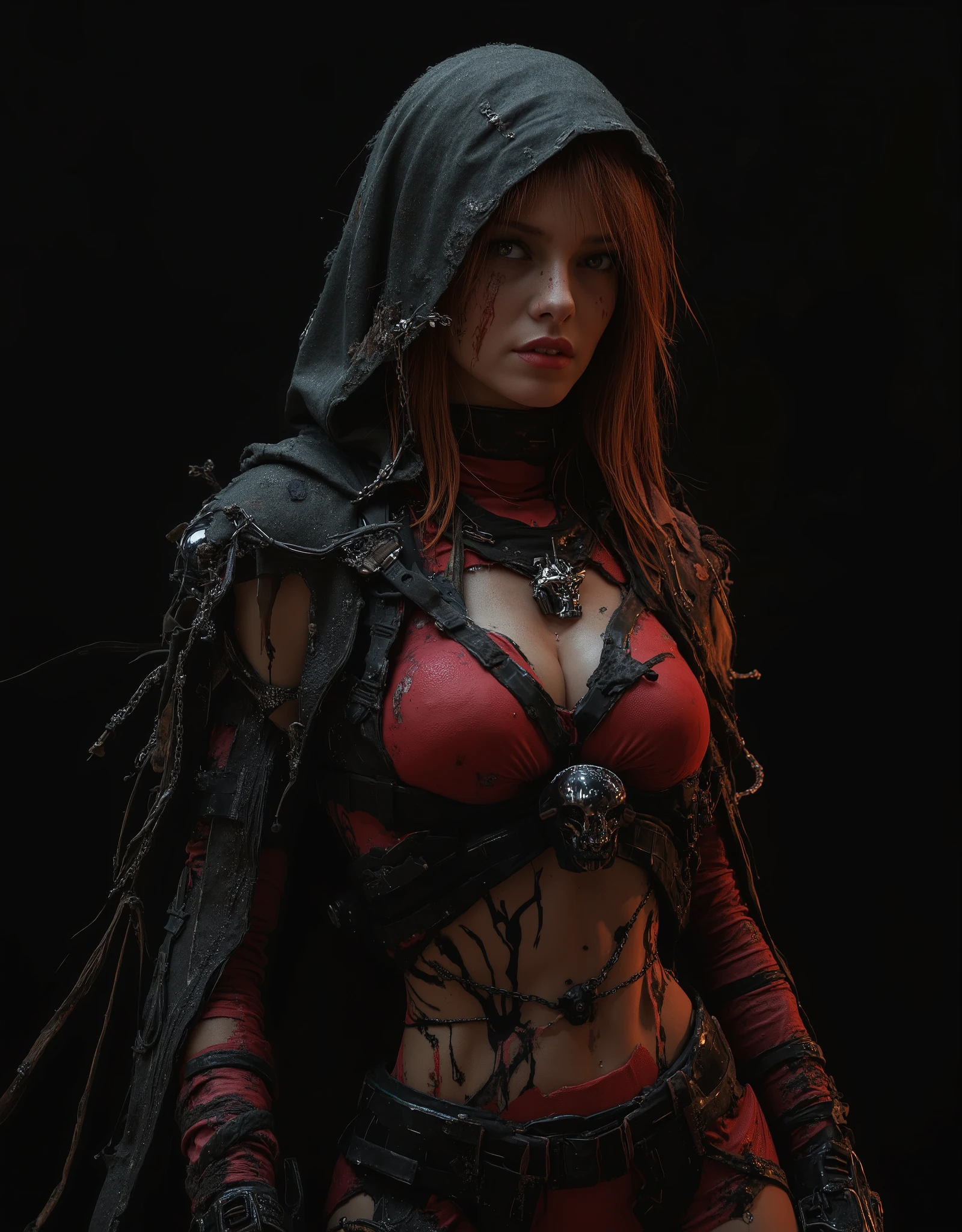 high quality image, full image from head bust to waist, 8k,4k, raytracing, of a beautiful woman, dystopian futuristic mercenary, wears a long black hooded cape that is worn and torn, the cape flutters in the wind allowing you to see the magnificent figure of the woman with her complete and tight red light futuristic combat suite, light chest armor, worn and tattered jungle camo tactical military vest, the hood is on her head which partially hides her beautiful face. perfect and exotic face. The cape and hood are very worn and frayed. Orange-red hair, very detailed and very long, long hair down to her tits, disheveled hair, huge sagging tits, anatomically correct tits, with several small decorated braids, very disheveled and with bangs, very expressive and inquisitive dark grayish-green eyes, thick, moist, pink, half-open lips with an evil smile, piercings, tattoos and jewelry, she smiles grimly and threateningly at the camera, long eyelashes, she is wearing an advanced light infiltration and assault combat suite with medium armor on the chest. She wields an AR15 assault submachine gun with an X4 reflex sight and silencer. Highly detailed assault submachine gun in her camo-colored hands. On her arms, bandages wrapping them up to the forearm. Dark and evil, the woman looks at the viewer. wide dark red belt with large buckle, extra ammo and grenades on the belt. she is in shape. leather choker with a silver metal skull. chains surrounding her forearms, dark red elbow-length reinforced tactical gloves with black details. black tactical elbow pads, black latex tactical pants, highly detailed black leather high boots. she is on her side in lateral foreshortening. very sensual and suggestive. The woman's appearance is very sensual and exciting. it causes attraction and fear in equal parts. she is evil and sexy at the same time. an authentic evil beauty. image framed in the camera. dynamic and aggressive pose. pure black background ideal for wallpaper. dark and moody lighti