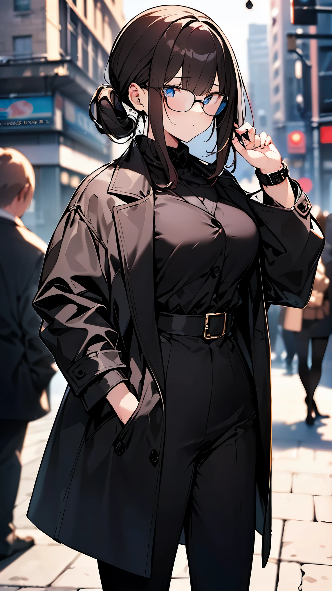 (((Best quality, 8k, Masterpiece: 1.3)), ((best quality)), ((masterpiece)), (detailed), perfect face, A stylish woman wearing a sleek spring coat over a formal suit. She has black hair tied in a neat ponytail and wears dark black sunglasses. The background is softly blurred, giving a professional and modern city vibe. She stands with confidence, her posture elegant and poised. The lighting is natural, casting a soft glow on her outfit and highlighting the details of the coat and suit.