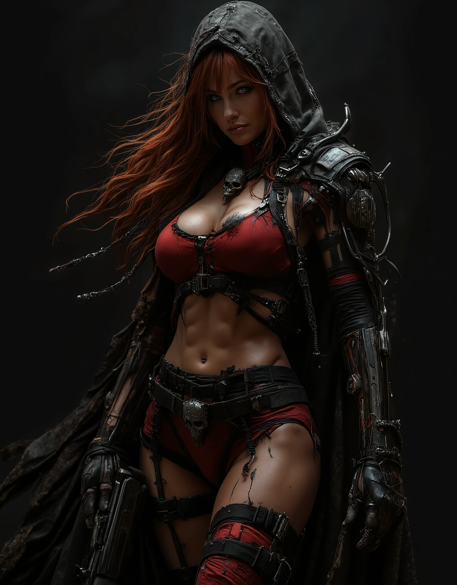 high quality image, full image from head bust to waist, 8k,4k, raytracing, of a beautiful woman, dystopian futuristic mercenary, wears a long black hooded cape that is worn and torn, the cape flutters in the wind allowing you to see the magnificent figure of the woman with her complete and tight red light futuristic combat suite, light chest armor, worn and tattered jungle camo tactical military vest, the hood is on her head which partially hides her beautiful face. perfect and exotic face. The cape and hood are very worn and frayed. Orange-red hair, very detailed and very long, long hair down to her tits, disheveled hair, huge sagging tits, anatomically correct tits, with several small decorated braids, very disheveled and with bangs, very expressive and inquisitive dark grayish-green eyes, thick, moist, pink, half-open lips with an evil smile, piercings, tattoos and jewelry, she smiles grimly and threateningly at the camera, long eyelashes, she is wearing an advanced light infiltration and assault combat suite with medium armor on the chest. She wields an AR15 assault submachine gun with an X4 reflex sight and silencer. Highly detailed assault submachine gun in her camo-colored hands. On her arms, bandages wrapping them up to the forearm. Dark and evil, the woman looks at the viewer. wide dark red belt with large buckle, extra ammo and grenades on the belt. she is in shape. leather choker with a silver metal skull. chains surrounding her forearms, dark red elbow-length reinforced tactical gloves with black details. black tactical elbow pads, black latex tactical pants, highly detailed black leather high boots. she is on her side in lateral foreshortening. very sensual and suggestive. The woman's appearance is very sensual and exciting. it causes attraction and fear in equal parts. she is evil and sexy at the same time. an authentic evil beauty. image framed in the camera. dynamic and aggressive pose. pure black background ideal for wallpaper. dark and moody lighti